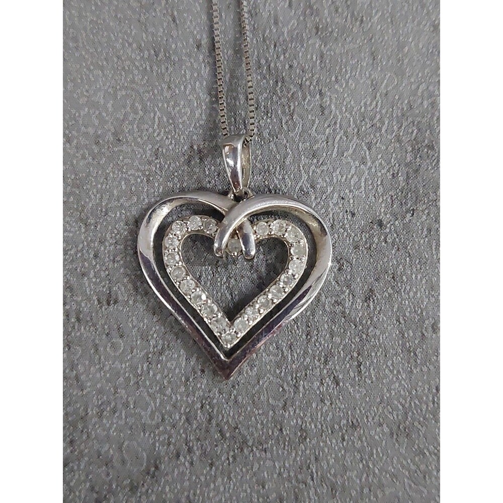 Sterling Silver 925 Genuine Diamond Two Hearts Forever One Necklace 18 Inch